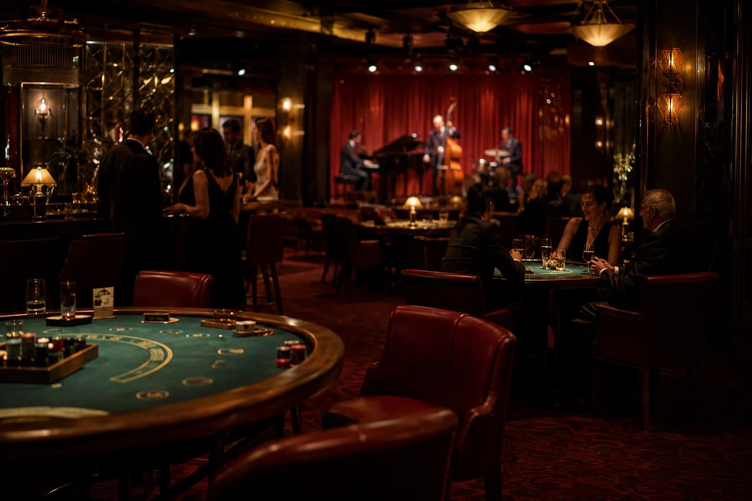 Elegant casino lounge with card tables and a jazz trio